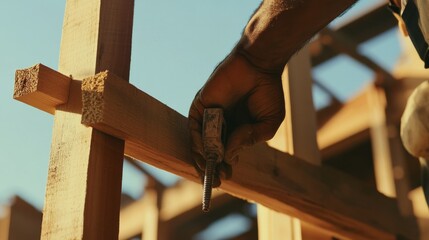 A construction worker tightening screws on a wooden structure at a building site. Featuring fastening work and carpentry