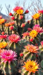 Fototapeta premium Prickly pear cacti thrive in the Arizona desert, showcasing their vibrant green pads and colorful blooms, summer, sun