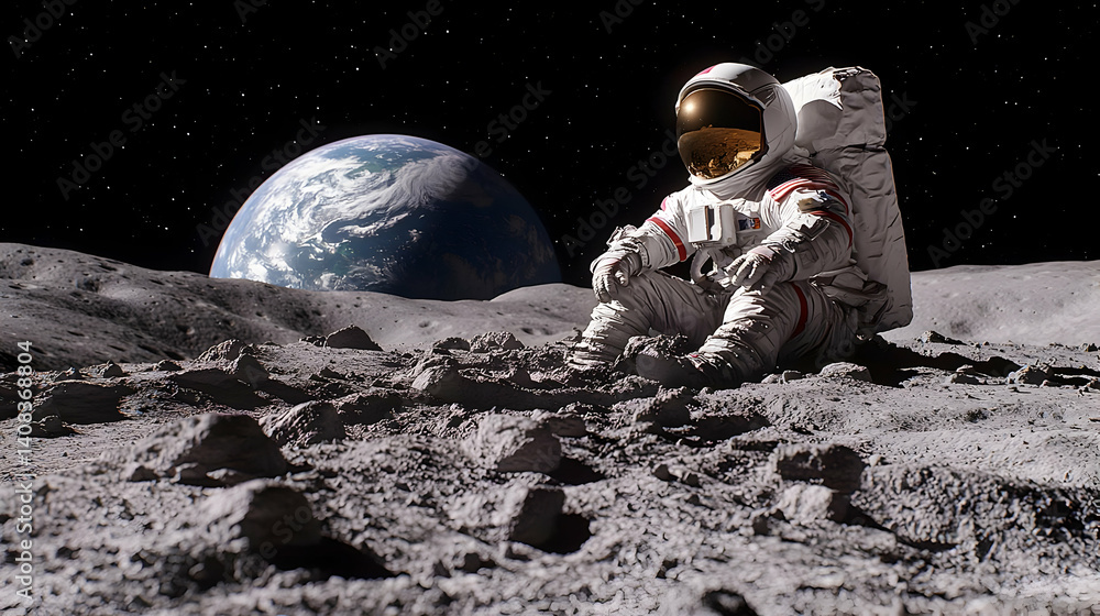 Poster astronaut seated on moon surface with earth in background illuminated pixel art