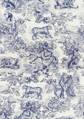 Toile Engraving Tropical Islands Seamless Pattern, Oriental Palm Trees Wallpaper, Wildlife Tigers in Exotic Plants Ocean Beach Blue on White Background, Linear Jungle Oceania India Landscape Print