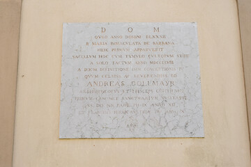 Latin inscription on a chapel wall in Barbana Island, recalling a Marian apparition and the origins...