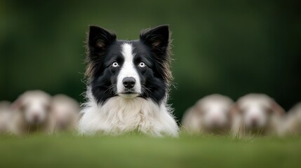 Fototapeta premium Black-and-white dog standing in front of a herd of sheep with opened eyes and gazing directly at the camera