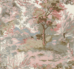 Toile Engraving Tropical Islands Seamless Pattern, Oriental Palm Trees Wallpaper, Wildlife Tigers in Exotic Plants Ocean Beach Blue on White Background, Linear Jungle Oceania India Landscape Print