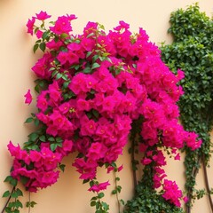 Vibrant bougainvillea cascading down beige wall, colorful, twining, bright