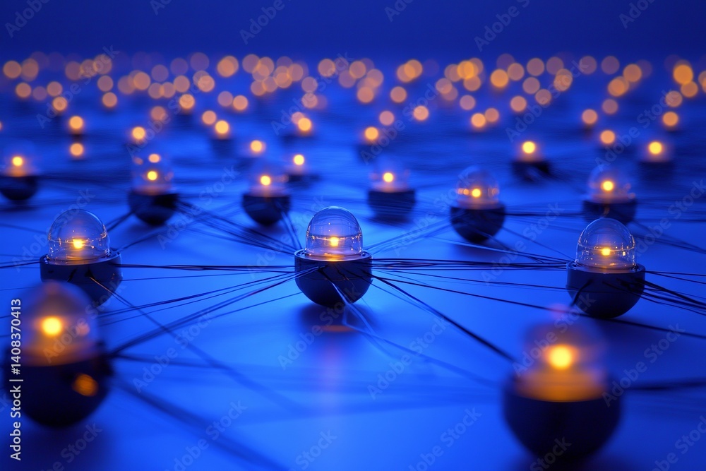 Poster illuminated network of nodes connected by lines on a blue surface with bokeh background lights