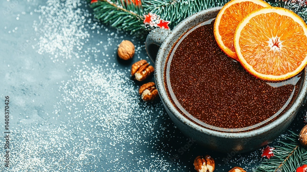 Poster an orange slice atop a spice-filled cup, with nuts adjacent and a snowy fir tree in the background