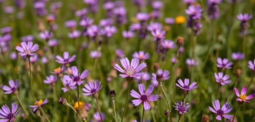 Fototapeta premium Vibrant purple wildflowers fill a field, one bloom in sharp focus, meadow, beauty, petal