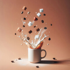 A splash of morning drink with marshmello and chocolate chunks on a beige background.