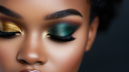 Glamorous Metallic Eyeshadow Close-Up with Green, Gold and Purple Tones