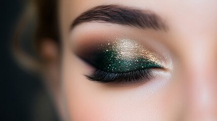 Fototapeta premium Glamorous Metallic Eyeshadow Close-Up with Green, Gold and Purple Tones