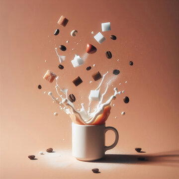 A splash of morning drink with marshmello and chocolate chunks on a beige background.