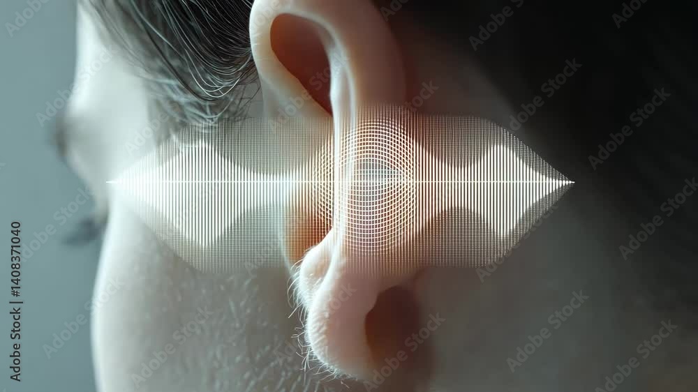 Poster sound waves flowing into human ear canal, visualizing complex auditory perception process and detail
