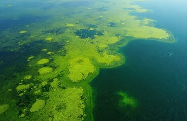Aerial view of green algae bloom in lake. Cyanobacteria and silt field. Nature photo of water texture. Concept of ecology, contamination, environmental issues. Green algae texture in blue water.