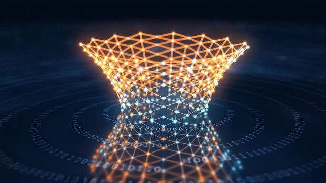 A stunning abstract digital representation of a data funnel, filled with interconnected glowing nodes. The data funnel emits a bright light, illuminating the surrounding dark background.