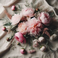 Botanical spring flat lay with flowers and natural elements, top view, no people, soft pastel vibe.