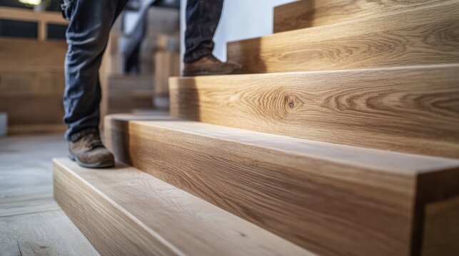 Carpenter cutting wood for a custom wooden staircase. Featuring craftsmanship and precision