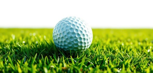 Naklejka premium A pristine golf ball rests in vibrant green grass against a stark white backdrop, healthy, simple