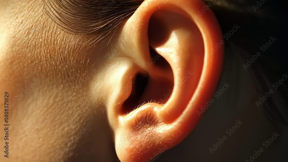 Poster Healthy child ear details, highlighting the importance of regular checkups for early detection of potential hearing problems and ensuring optimal auditory health