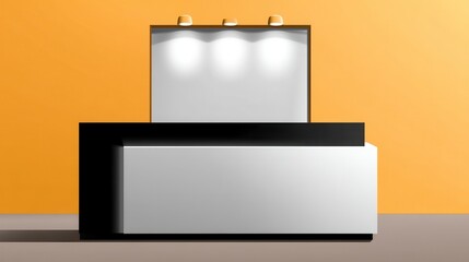 Modern Black and White Reception Desk with Blank Signage and Spotlights