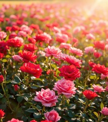 A vibrant field of red and pink roses bathed in soft, diffused sunlight, scene, love, fresh