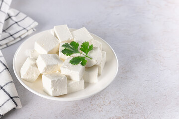 Traditional indian paneer cheese slices cubes on white background. Copy space. Indian food.