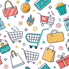 Shopping Pattern with Bags, Carts, and Gifts