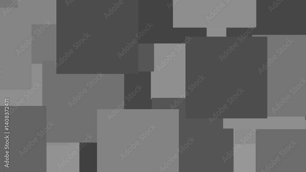 Poster geometric composition featuring overlapping squares and rectangles in varying shades of gray, creati
