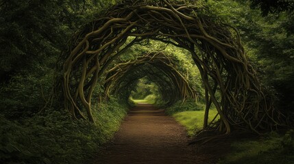 A winding woodland path enveloped by intertwined tree branches.