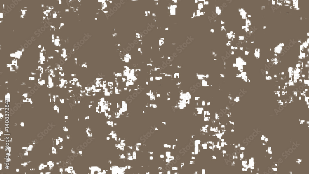 Poster brown background featuring scattered white square shapes forming pixelated digital pattern suggestin