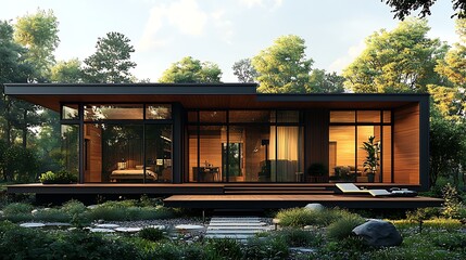 Contemporary wooden home exterior design with warm lighting high resolution image