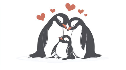 Obraz premium Cute Penguin Family with Baby Chick and Hearts in Adorable Love Illustration Vector Art Design