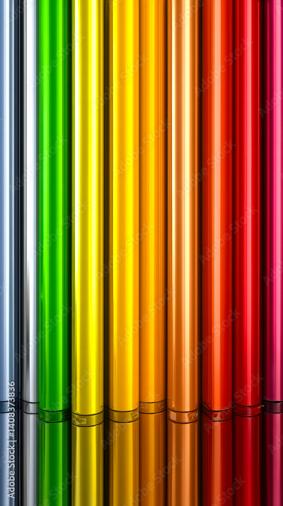 Poster vibrant spectrum of metallic chrome tubes reflecting a rainbow gradient on a seamless background