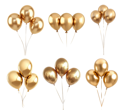 Set of gold helium balloons in groups of three, isolated on transparent cutout background