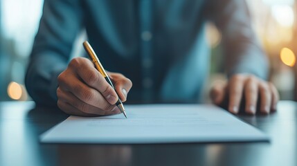 Business professional signing important documents in modern office environment captured in gigapixel clarity