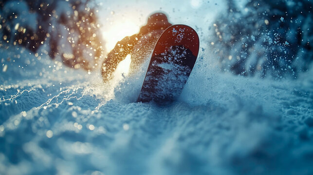 Dramatic action shot of skier amidst intense snowfall, wearing helmet and goggles, capturing thrill and intensity of winter sports