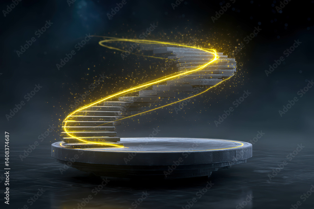 Poster Golden light spirals upward into the cosmos from a mysterious pedestal floating in the void