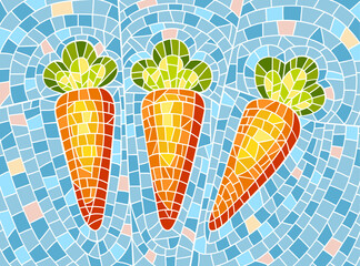 A vibrant mosaic artwork featuring a stylized three carrots with green leaves. Vector illustration on the white background. Hand-draw