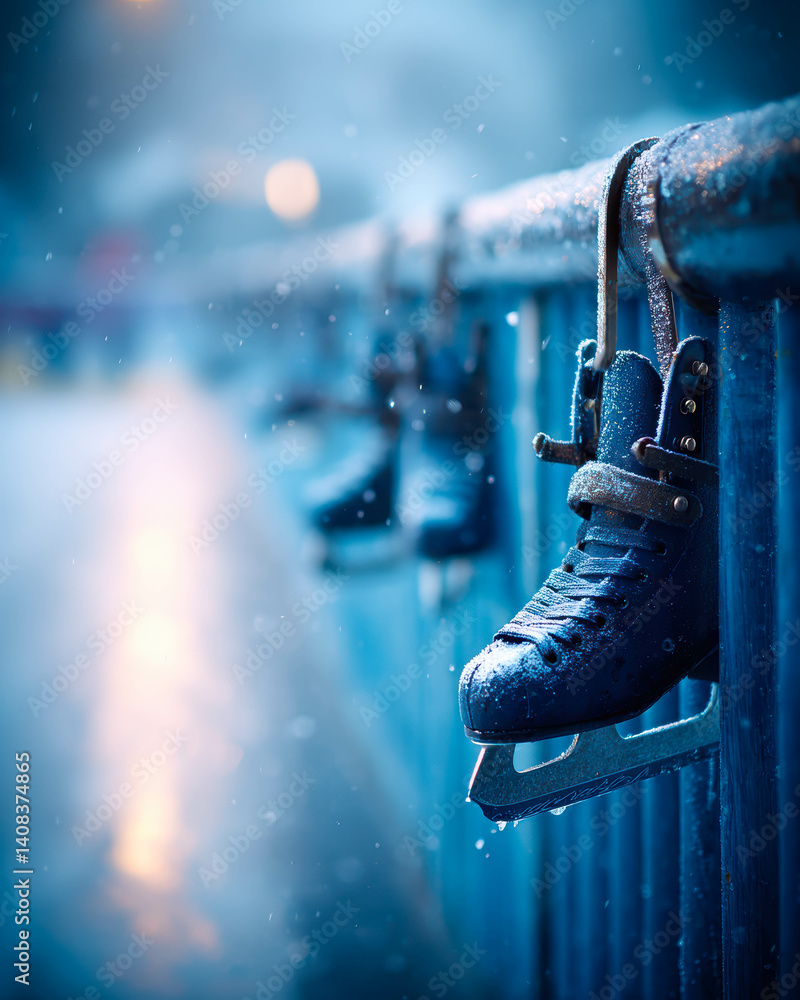 Poster frosted ice skates dangle from a barrier at a serene winter rink illuminated by soft light