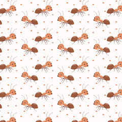 Seamless pattern with cute cartoon ants and polka dots. Fun and simple design for kids, fabric, wrapping paper, or educational materials.


