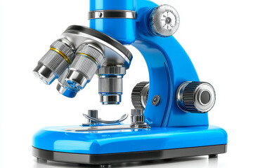 Discovering the wonders of science with a vibrant blue microscope on a bright white backdrop