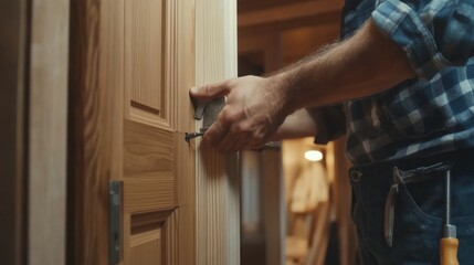 Carpenter fitting a door frame in a hallway. Featuring craftsmanship and precision