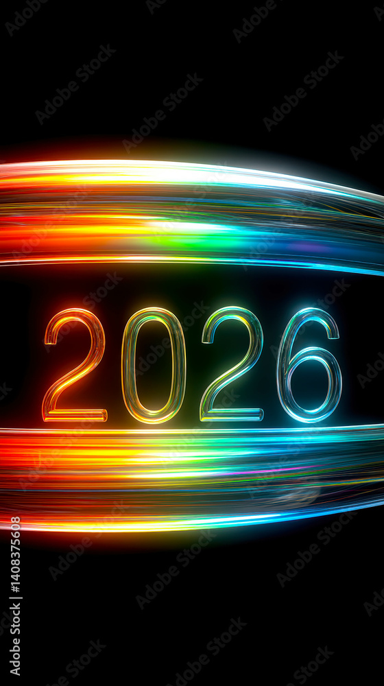 Poster bright and colorful representation of the year 2026 with translucent elements and vibrant effects