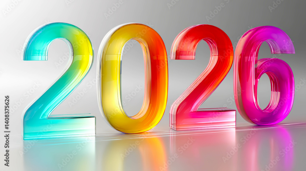 Poster colorful translucent numbers represent the year 2026 showcasing a modern artistic design