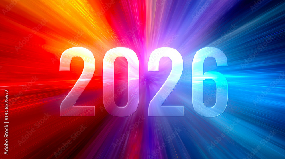 Poster colorful burst of light showcasing the year 2026 with a clean and translucent effect