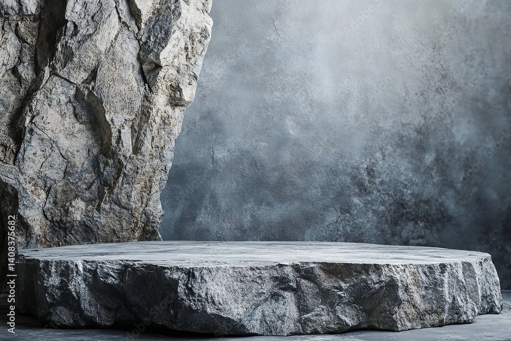 Poster stone platform with rock wall backdrop for product display or presentation in studio setting