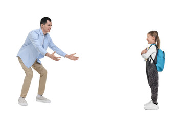 Father waiting for his daughter on white background