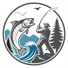 Vintage Fishing Adventure Emblem – Fisherman Catching Trout in Mountain Landscape