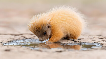 Adorable Baby Hedgehog Drinking Water from a Puddle in Dry Arid Landscape