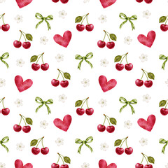 Seamless pattern with cherries, green  leaves, bows and hearts. Cute watercolor summer backgrround with berries. Perfect for summer fabrics, textiles, wrapping paper.