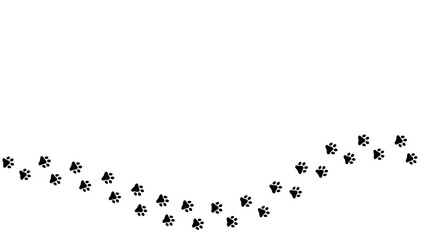 Footprints for pets, dog or cat. Pet prints. Paw pattern. Foot puppy. Black silhouette shape paw print. Footprint pet. Animal track. Trace dogs, cats. Cute background turn right. Design walks. Vector © Philip